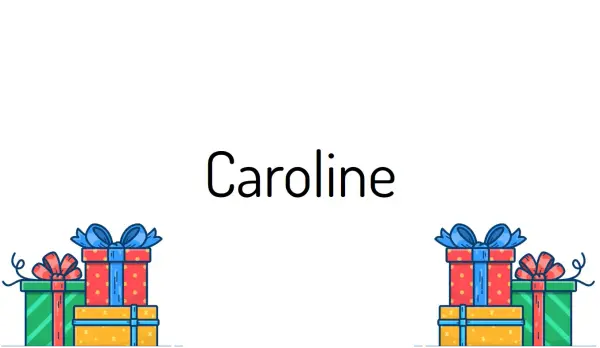 exemple de marque-place avec des cadeaux dessinés et le prénom Caroline