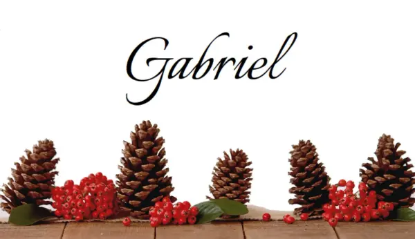 exemple de marque-place avec des pommes de pin posées sur une surface en bois, entourées de petites baies rouges et de feuilles vertes. Au-dessus des décorations, le mot Gabriel est écrit dans une élégante police cursive noire sur fond blanc.